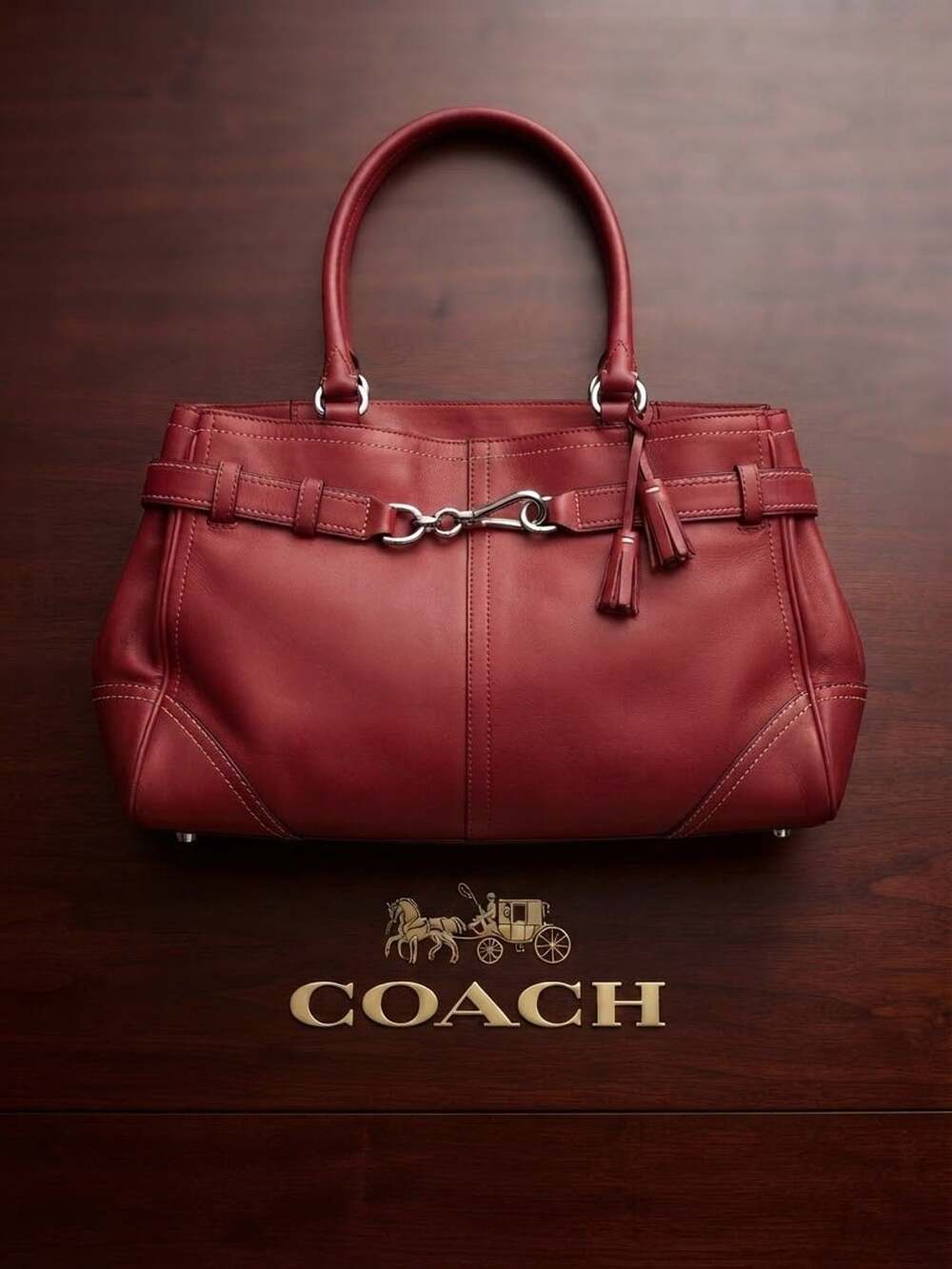 Coach Hamptons Clip Tote Handbag 8A71 Red Leather Satchel